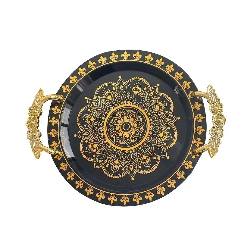 Round Golden Embossed White Tray, Home Fruit Plate, Tea Tray, European Breakfast Tray, Round Wide-edge... - House Of Avana