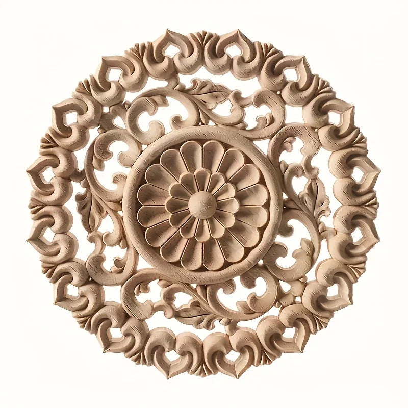 Round Wooden Onlays, 12cm/15cm/20cm/24cm Decorative Wood Appliques, Unpainted Carved Decals Center Decor... - House Of Avana