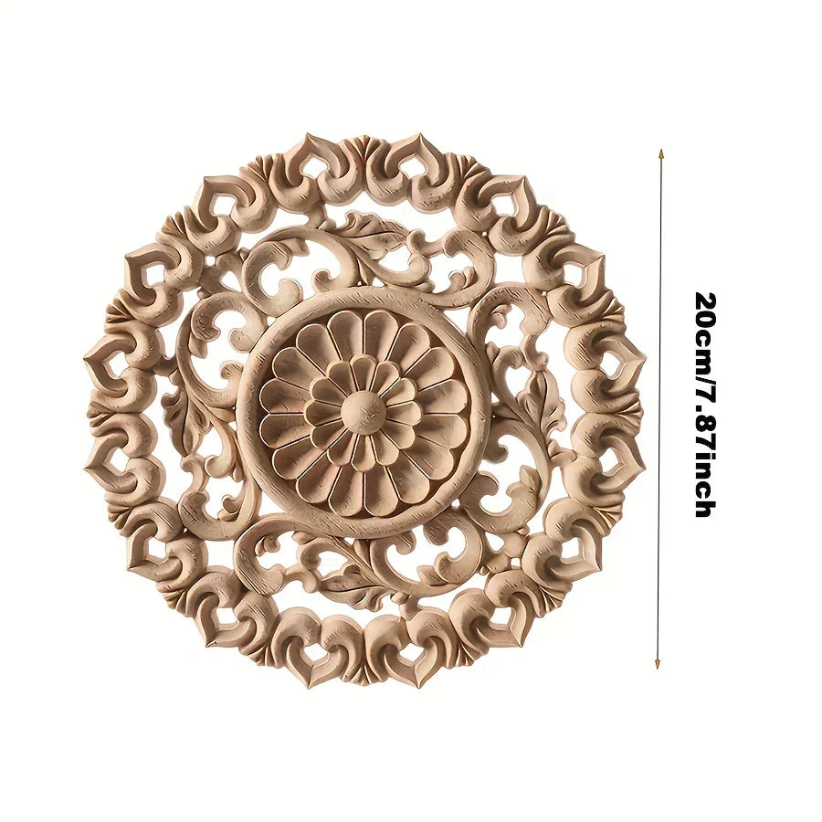 Round Wooden Onlays, 12cm/15cm/20cm/24cm Decorative Wood Appliques, Unpainted Carved Decals Center Decor... - House Of Avana