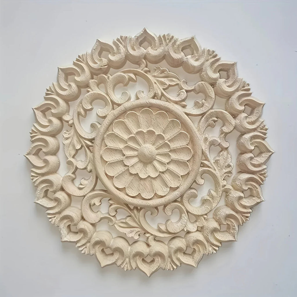 Round Wooden Onlays, 12cm/15cm/20cm/24cm Decorative Wood Appliques, Unpainted Carved Decals Center Decor... - House Of Avana