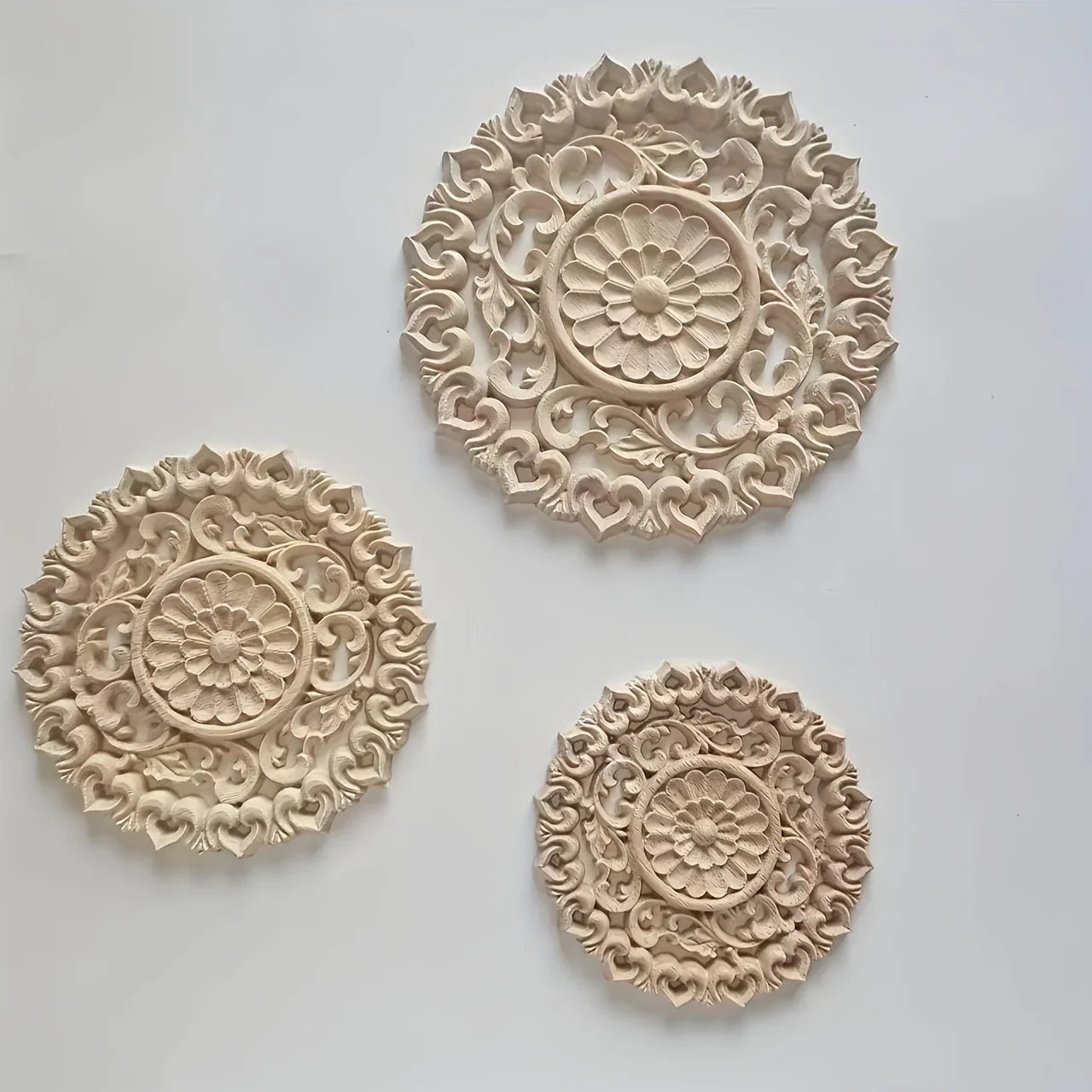 Round Wooden Onlays, 12cm/15cm/20cm/24cm Decorative Wood Appliques, Unpainted Carved Decals Center Decor... - House Of Avana