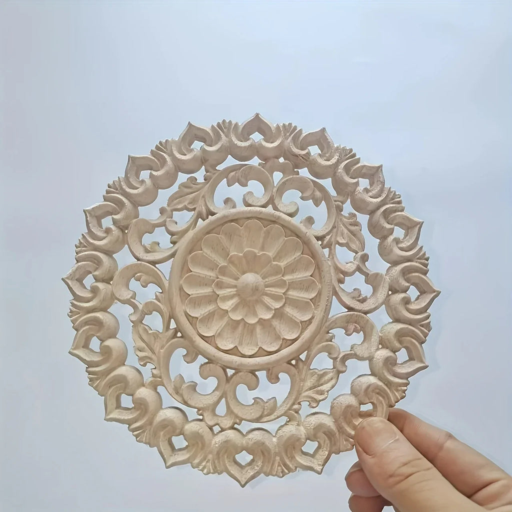 Round Wooden Onlays, 12cm/15cm/20cm/24cm Decorative Wood Appliques, Unpainted Carved Decals Center Decor... - House Of Avana