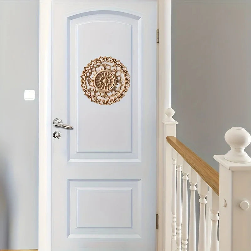 Round Wooden Onlays, 12cm/15cm/20cm/24cm Decorative Wood Appliques, Unpainted Carved Decals Center Decor... - House Of Avana