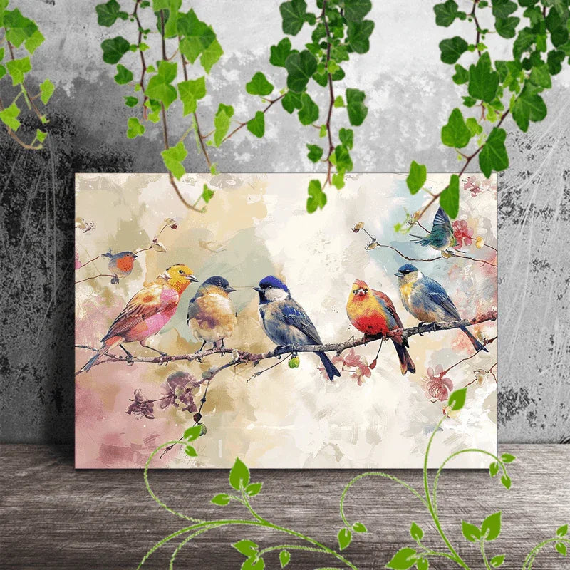 1pc Wooden Framed Canvas Painting Colorful birds on branches, soft background, watercolor effect, nature scene, diverse bird species (1) - House Of Avana