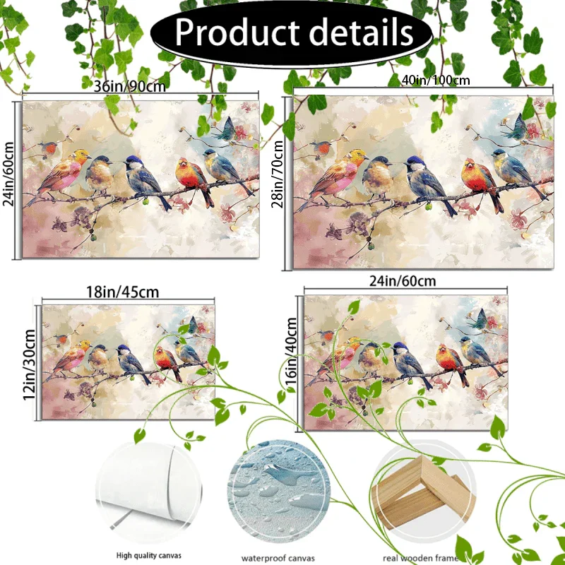 1pc Wooden Framed Canvas Painting Colorful birds on branches, soft background, watercolor effect, nature scene, diverse bird species (1) - House Of Avana