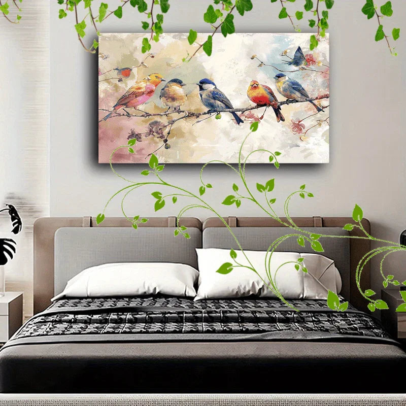 1pc Wooden Framed Canvas Painting Colorful birds on branches, soft background, watercolor effect, nature scene, diverse bird species (1) - House Of Avana
