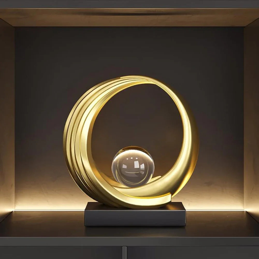Modern Abstract Golden Circle Crystal Ball Sculpture - House Of Avana