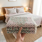 Cream & Sage Green Pink Trellis Floral Sanganeri hand block print cotton bedsheet set | Jaipur Indian hand block print bedsheet with pillow shams | House of Avana