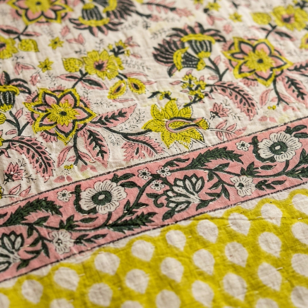 Cream & Mustard Yellow & Pink Floral Jaipur Indian hand block print floral quilted comforter | Jaipur Indian hand block print cotton muslin quilted comforter | Sanganer floral block print bedding | Queen King size quilt India | House of Avana
