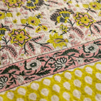 Cream & Mustard Yellow & Pink Floral Jaipur Indian hand block print floral quilted comforter | Jaipur Indian hand block print cotton muslin quilted comforter | Sanganer floral block print bedding | Queen King size quilt India | House of Avana [[SKU:HOA-COM-MYPK-032]]