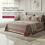 Cream & Dusty Pink Grey Paisley Sanganeri hand block print cotton bedsheet set | Jaipur Indian hand block print bedsheet with pillow shams | House of Avana