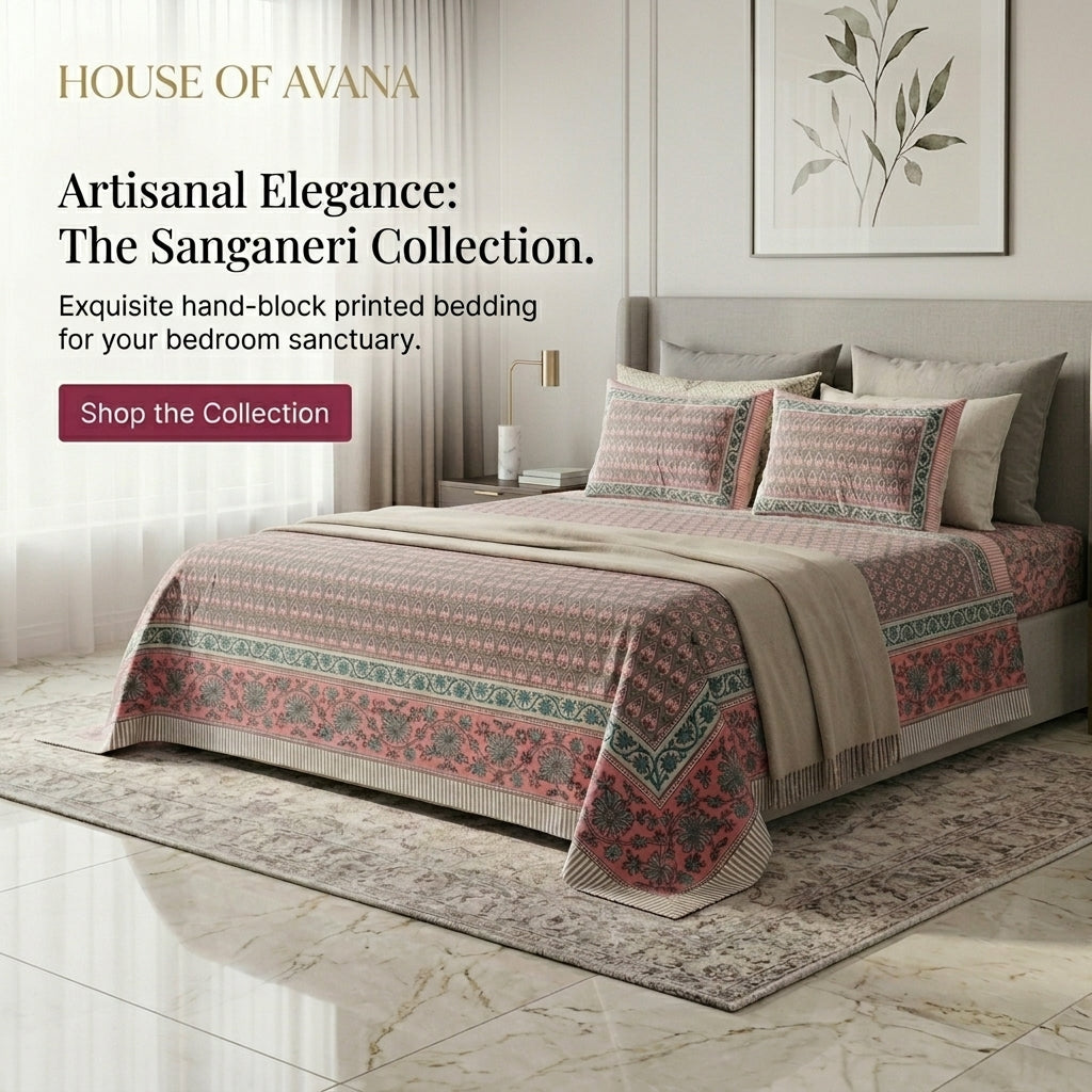 Cream & Dusty Pink Grey Paisley Sanganeri hand block print cotton bedsheet set | Jaipur Indian hand block print bedsheet with pillow shams | House of Avana