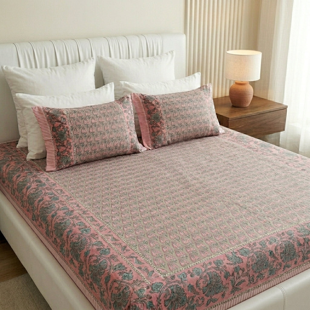 Cream & Dusty Pink Grey Paisley Sanganeri hand block print cotton bedsheet set | Jaipur Indian hand block print bedsheet with pillow shams | House of Avana