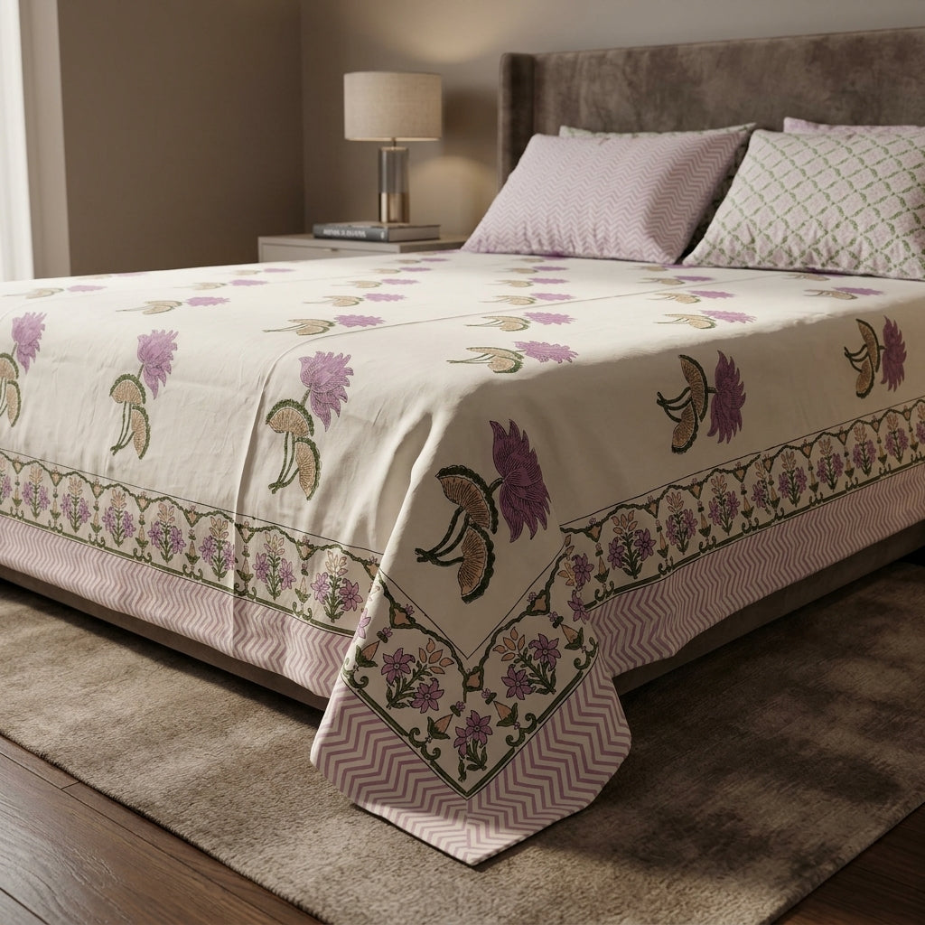 White & Purple Mauve Lotus Buti Sanganeri hand block print cotton bedsheet set | Jaipur Indian hand block print bedsheet with pillow shams | House of Avana