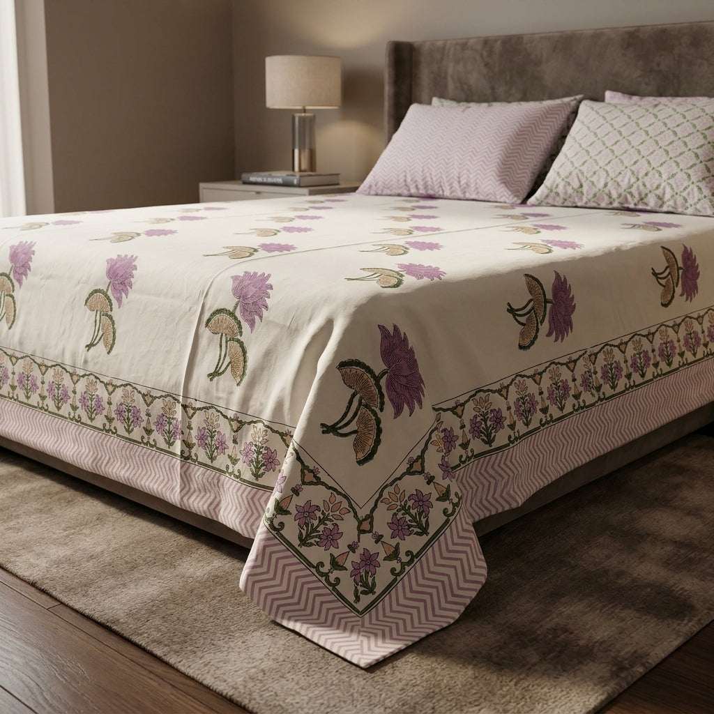 White & Purple Mauve Lotus Buti Sanganeri hand block print cotton bedsheet set | Jaipur Indian hand block print bedsheet with pillow shams | House of Avana [[SKU:HOA-IND-BS-PRMV-015]]