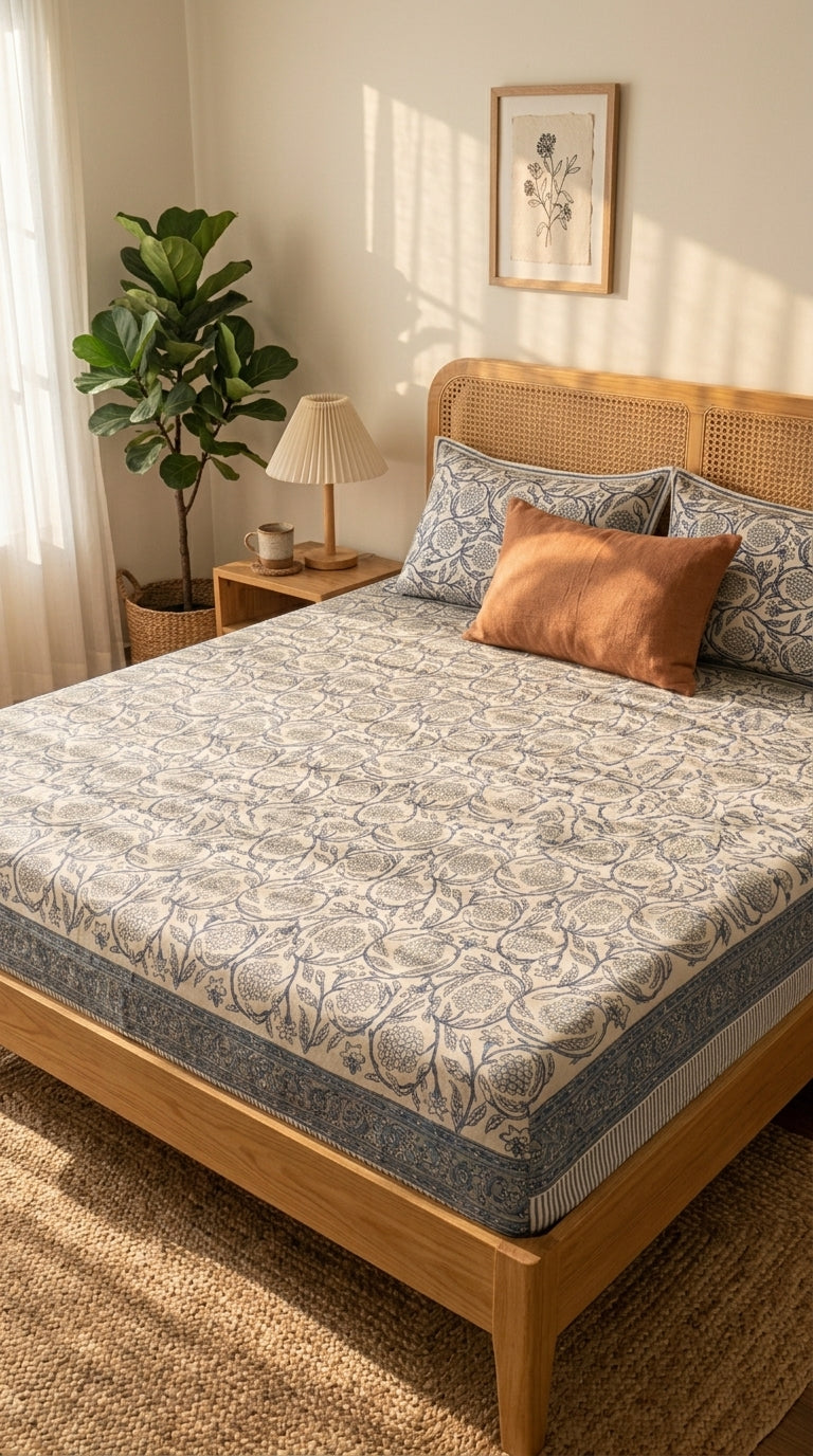 Cream & Indigo Blue Floral Sanganeri hand block print cotton bedsheet set | Jaipur Indian hand block print bedsheet with pillow shams | House of Avana