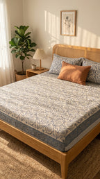 Cream & Indigo Blue Floral Sanganeri hand block print cotton bedsheet set | Jaipur Indian hand block print bedsheet with pillow shams | House of Avana