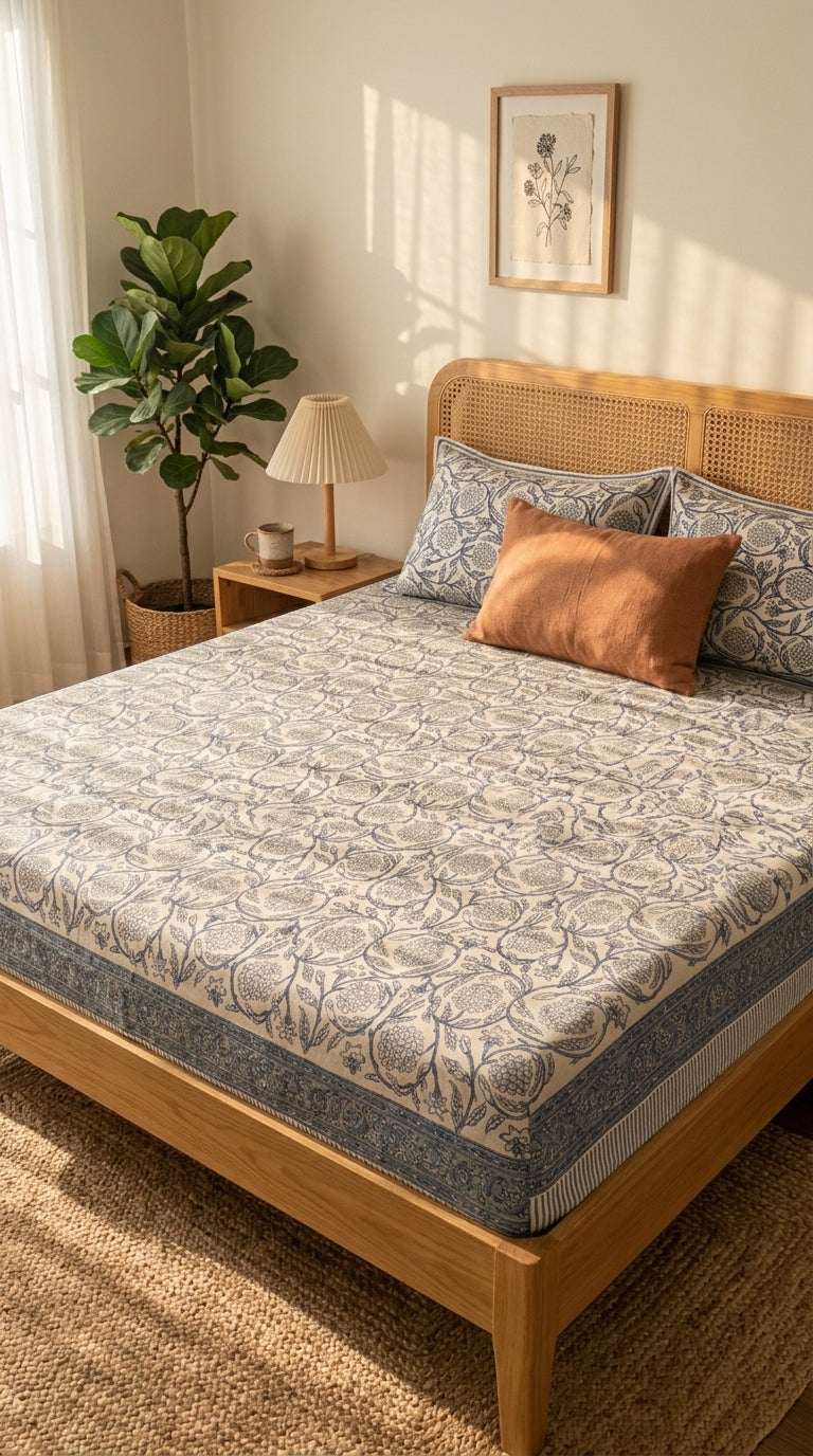 Cream & Indigo Blue Floral Sanganeri hand block print cotton bedsheet set | Jaipur Indian hand block print bedsheet with pillow shams | House of Avana [[SKU:HOA-IND-BS-IBCR-004]]