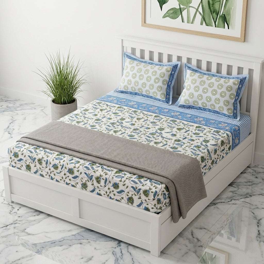 Cream & Blue Green Botanical Floral Sanganeri hand block print cotton bedsheet set | Jaipur Indian hand block print bedsheet with pillow shams | House of Avana [[SKU:HOA-IND-BS-BLGN-009]]