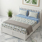 Cream & Blue Green Botanical Floral Sanganeri hand block print cotton bedsheet set | Jaipur Indian hand block print bedsheet with pillow shams | House of Avana