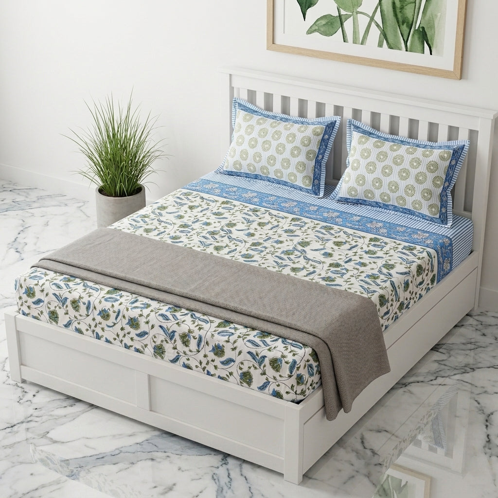 Cream & Blue Green Botanical Floral Sanganeri hand block print cotton bedsheet set | Jaipur Indian hand block print bedsheet with pillow shams | House of Avana