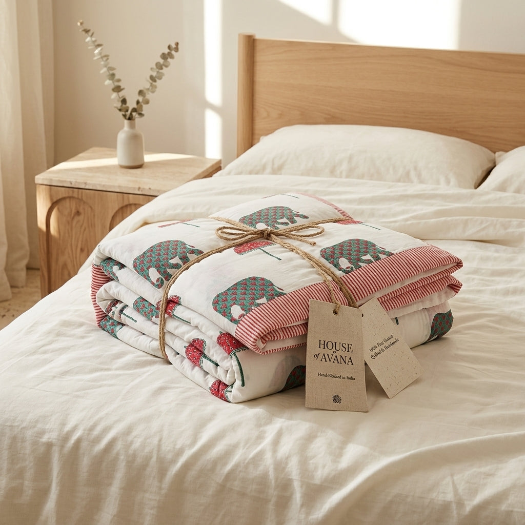 Cream & Grey Elephant Parasol Jaipur Indian hand block print elephant quilted comforter | Jaipur Indian hand block print cotton muslin quilted comforter | Sanganer elephant block print bedding | Queen King size quilt India | House of Avana