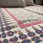 Cream & Pink Blue Floral Sanganeri hand block print cotton bedsheet set | Jaipur Indian hand block print bedsheet with pillow shams | House of Avana