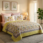 Cream & Mustard Yellow & Pink Floral Jaipur Indian hand block print floral quilted comforter | Jaipur Indian hand block print cotton muslin quilted comforter | Sanganer floral block print bedding | Queen King size quilt India | House of Avana