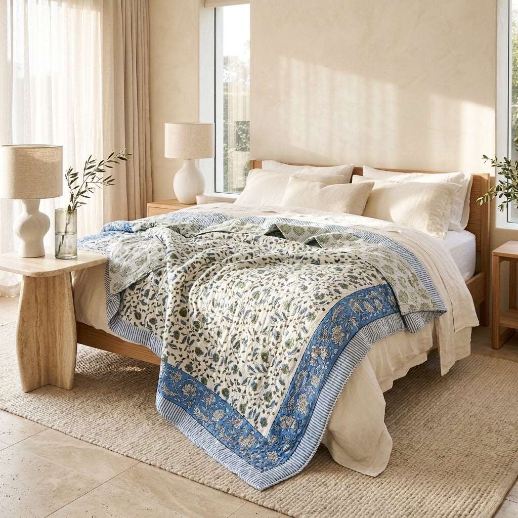 Cream & Blue & Green Floral Jaipur Indian hand block print floral quilted comforter | Jaipur Indian hand block print cotton muslin quilted comforter | Sanganer floral block print bedding | Queen King size quilt India | House of Avana [[SKU:HOA-COM-BLGN-037]]