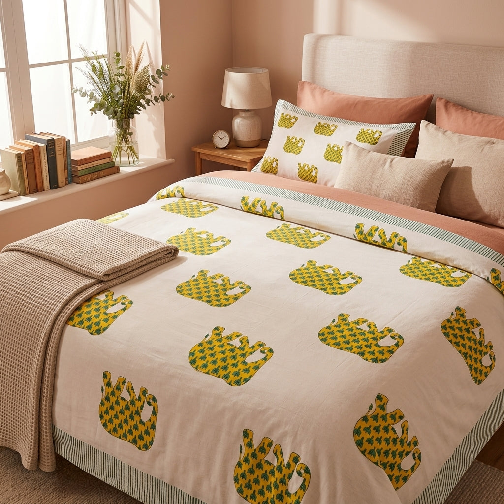 Cream & Olive Green & Mustard Floral Jaipur Indian hand block print botanical quilted comforter | Jaipur Indian hand block print cotton muslin quilted comforter | Sanganer botanical block print bedding | Queen King size quilt India | House of Avana