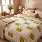 Cream & Olive Green & Mustard Floral Jaipur Indian hand block print botanical quilted comforter | Jaipur Indian hand block print cotton muslin quilted comforter | Sanganer botanical block print bedding | Queen King size quilt India | House of Avana