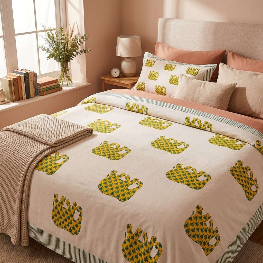 Cream & Olive Green & Mustard Floral Jaipur Indian hand block print botanical quilted comforter | Jaipur Indian hand block print cotton muslin quilted comforter | Sanganer botanical block print bedding | Queen King size quilt India | House of Avana [[SKU:HOA-COM-OGMY-031]]