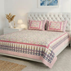 Cream & Pink Blue Floral Sanganeri hand block print cotton bedsheet set | Jaipur Indian hand block print bedsheet with pillow shams | House of Avana
