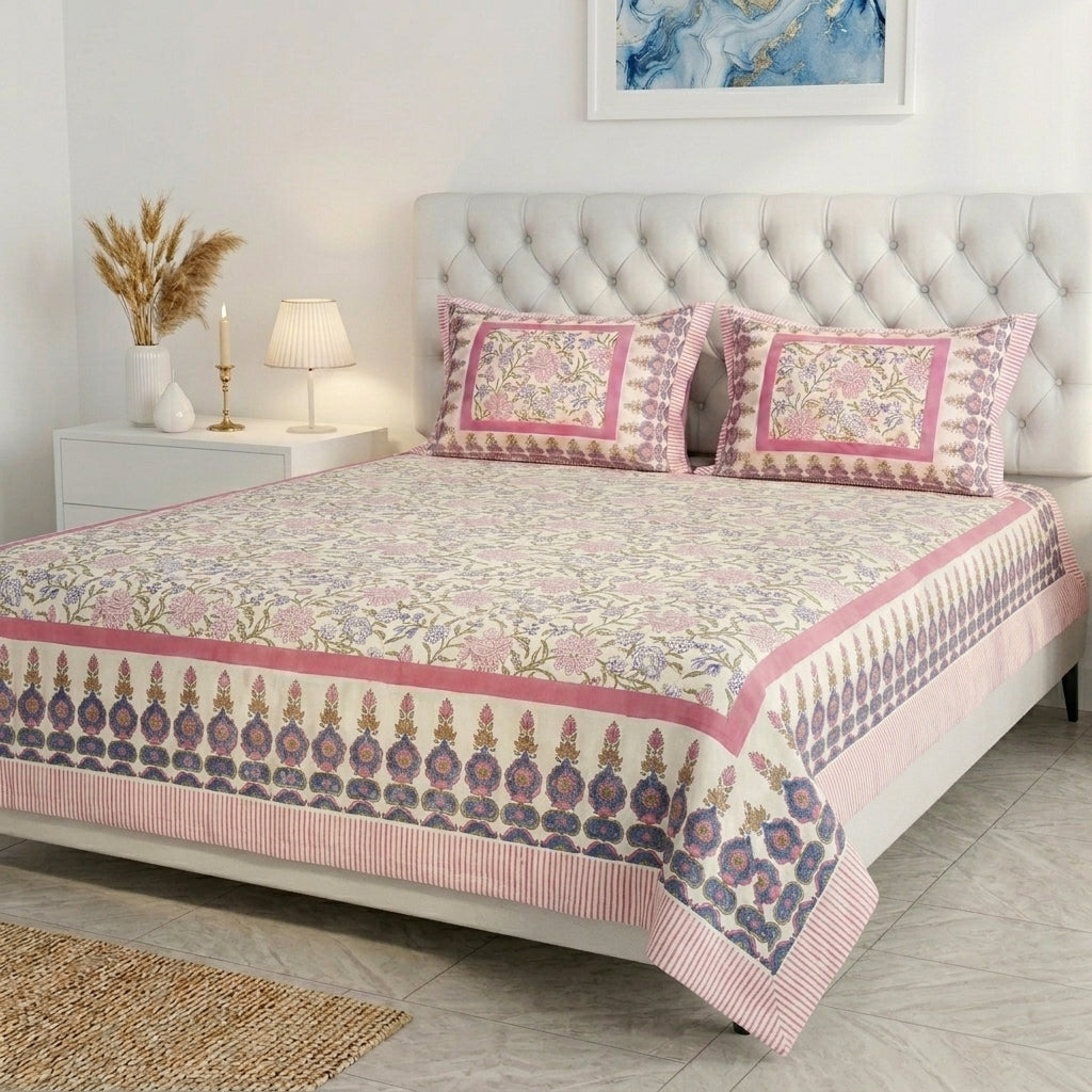Cream & Pink Blue Floral Sanganeri hand block print cotton bedsheet set | Jaipur Indian hand block print bedsheet with pillow shams | House of Avana