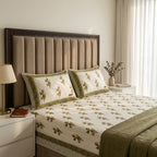 Cream & Olive Green Buti Floral Sanganeri hand block print cotton bedsheet set | Jaipur Indian hand block print bedsheet with pillow shams | House of Avana