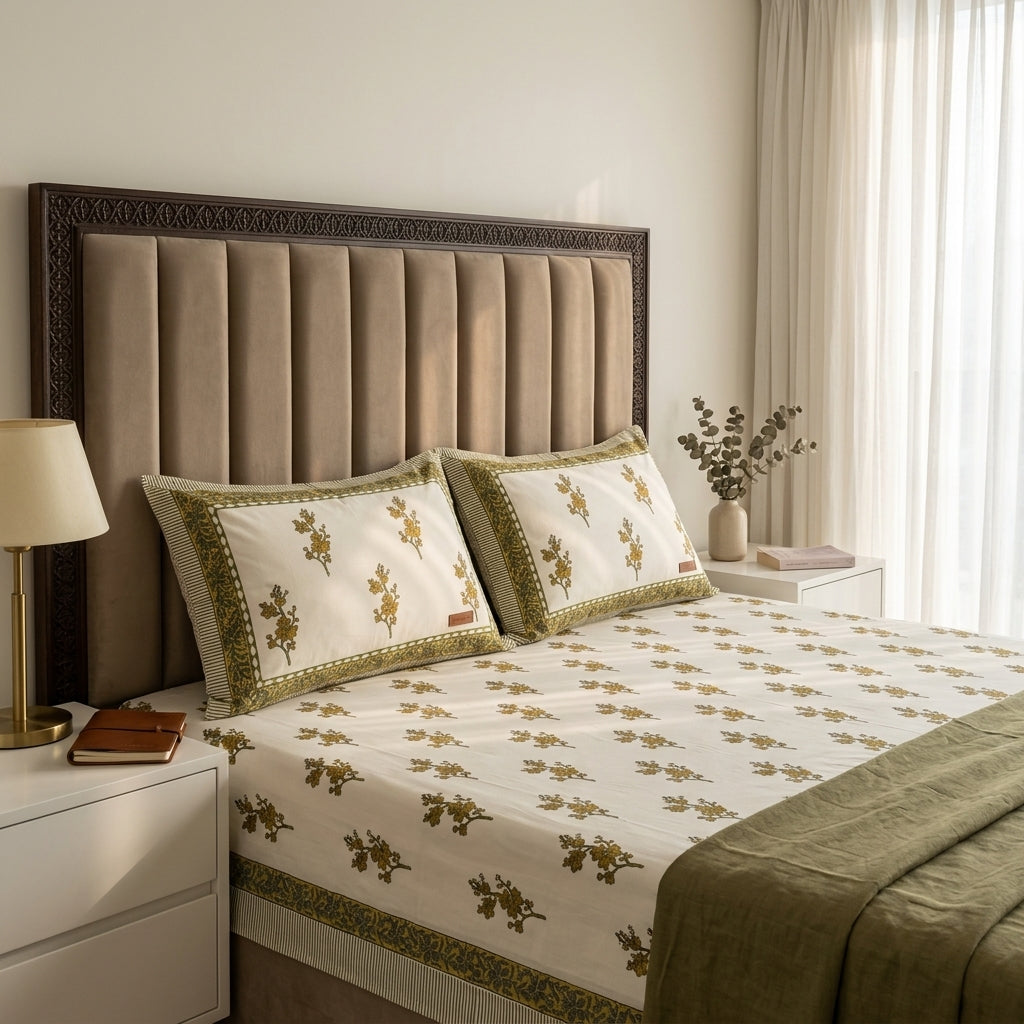 Cream & Olive Green Buti Floral Sanganeri hand block print cotton bedsheet set | Jaipur Indian hand block print bedsheet with pillow shams | House of Avana