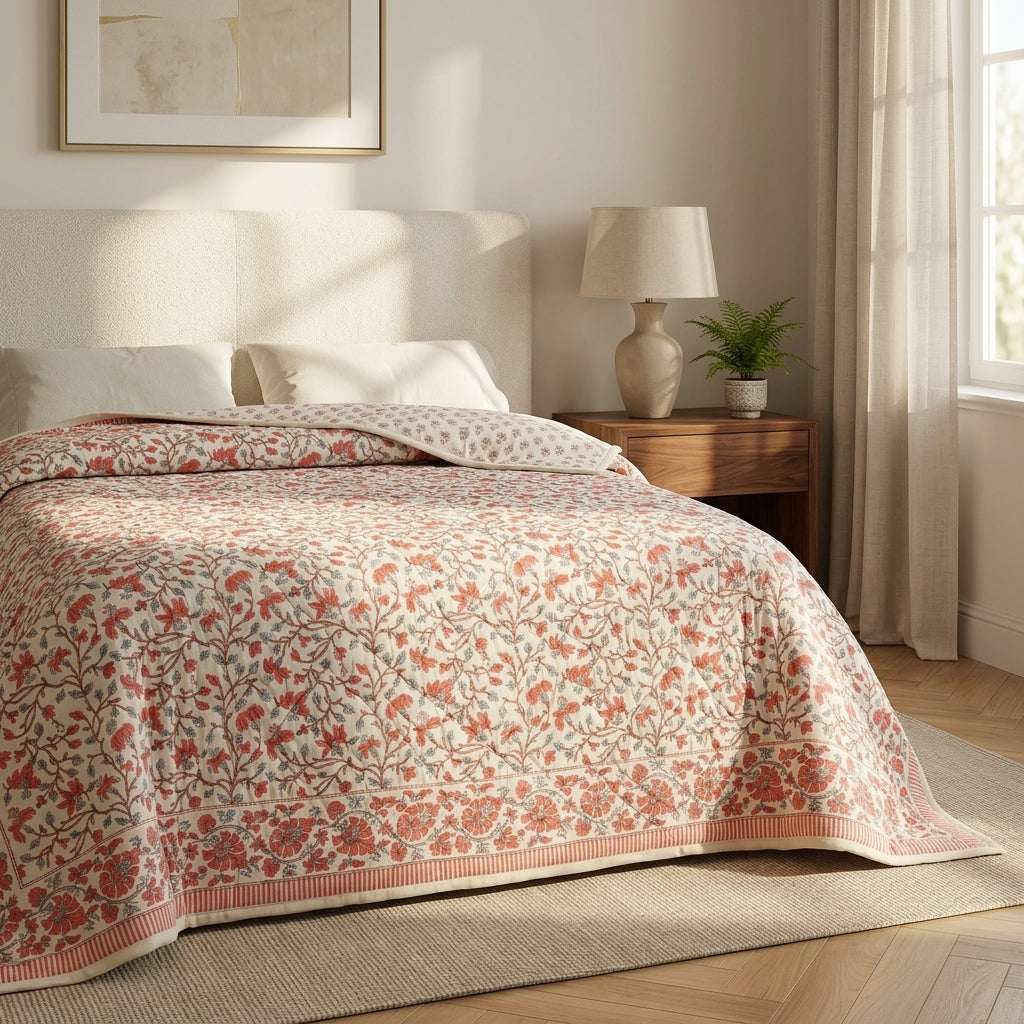 Cream & Coral Pink Floral Jaipur Indian hand block print floral quilted comforter | Jaipur Indian hand block print cotton muslin quilted comforter | Sanganer floral block print bedding | Queen King size quilt India | House of Avana [[SKU:HOA-COM-COSG-029]]