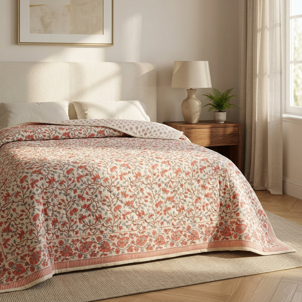 Cream & Coral Pink Floral Jaipur Indian hand block print floral quilted comforter | Jaipur Indian hand block print cotton muslin quilted comforter | Sanganer floral block print bedding | Queen King size quilt India | House of Avana