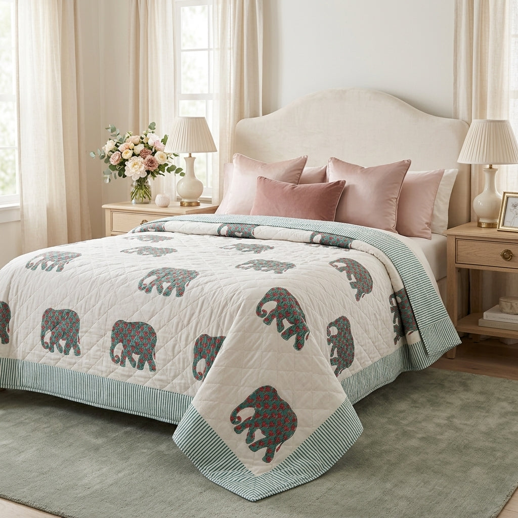 Cream & Grey Elephant Jaipur Indian hand block print elephant quilted comforter | Jaipur Indian hand block print cotton muslin quilted comforter | Sanganer elephant block print bedding | Queen King size quilt India | House of Avana