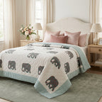 Cream & Grey Elephant Jaipur Indian hand block print elephant quilted comforter | Jaipur Indian hand block print cotton muslin quilted comforter | Sanganer elephant block print bedding | Queen King size quilt India | House of Avana