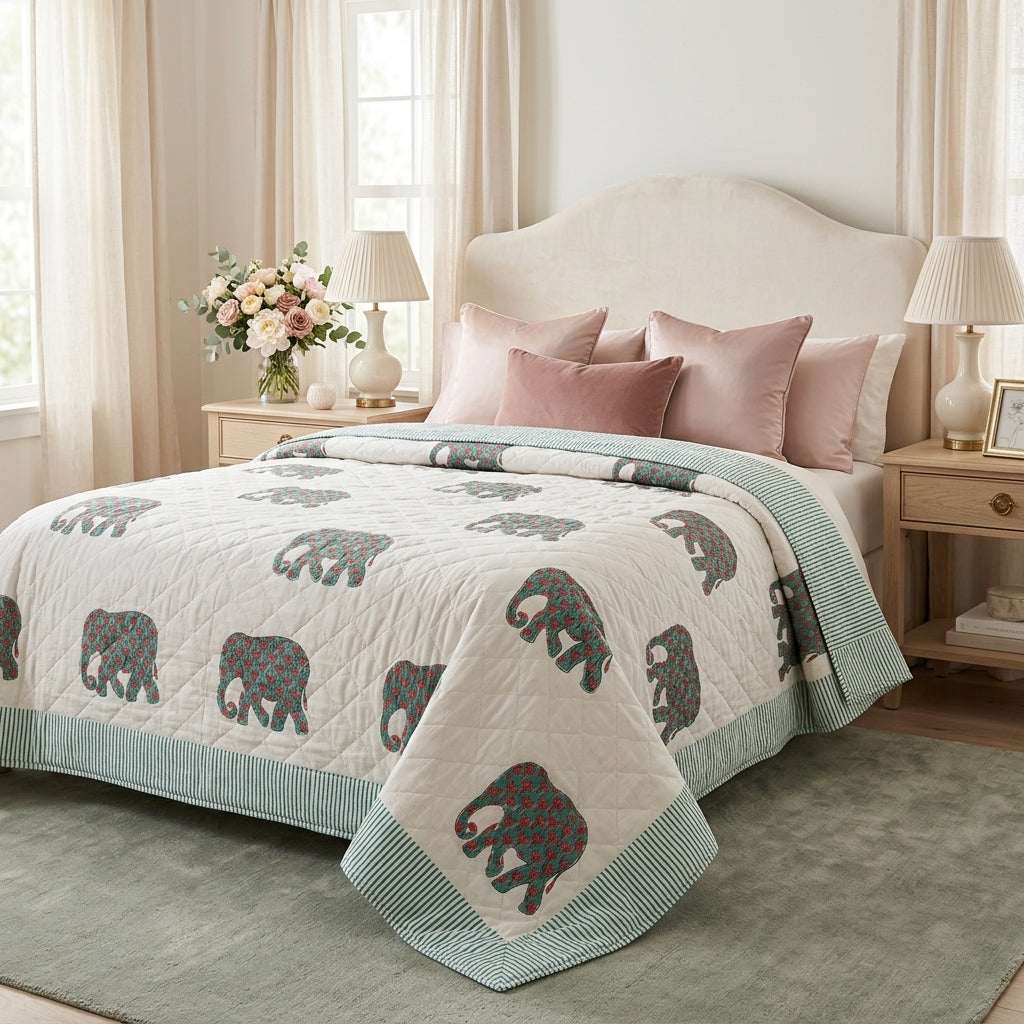 Cream & Grey Elephant Jaipur Indian hand block print elephant quilted comforter | Jaipur Indian hand block print cotton muslin quilted comforter | Sanganer elephant block print bedding | Queen King size quilt India | House of Avana [[SKU:HOA-COM-GYTL-034]]