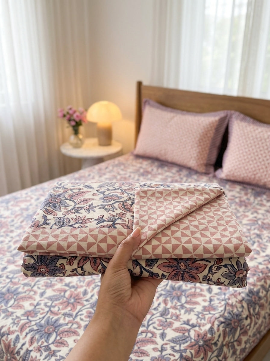 Cream & Rust Blue Vintage Floral Sanganeri hand block print cotton bedsheet set | Jaipur Indian hand block print bedsheet with pillow shams | House of Avana