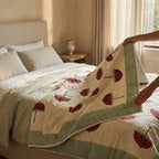 Cream & Red Tulip Floral Jaipur Indian hand block print tulip quilted comforter | Jaipur Indian hand block print cotton muslin quilted comforter | Sanganer tulip block print bedding | Queen King size quilt India | House of Avana