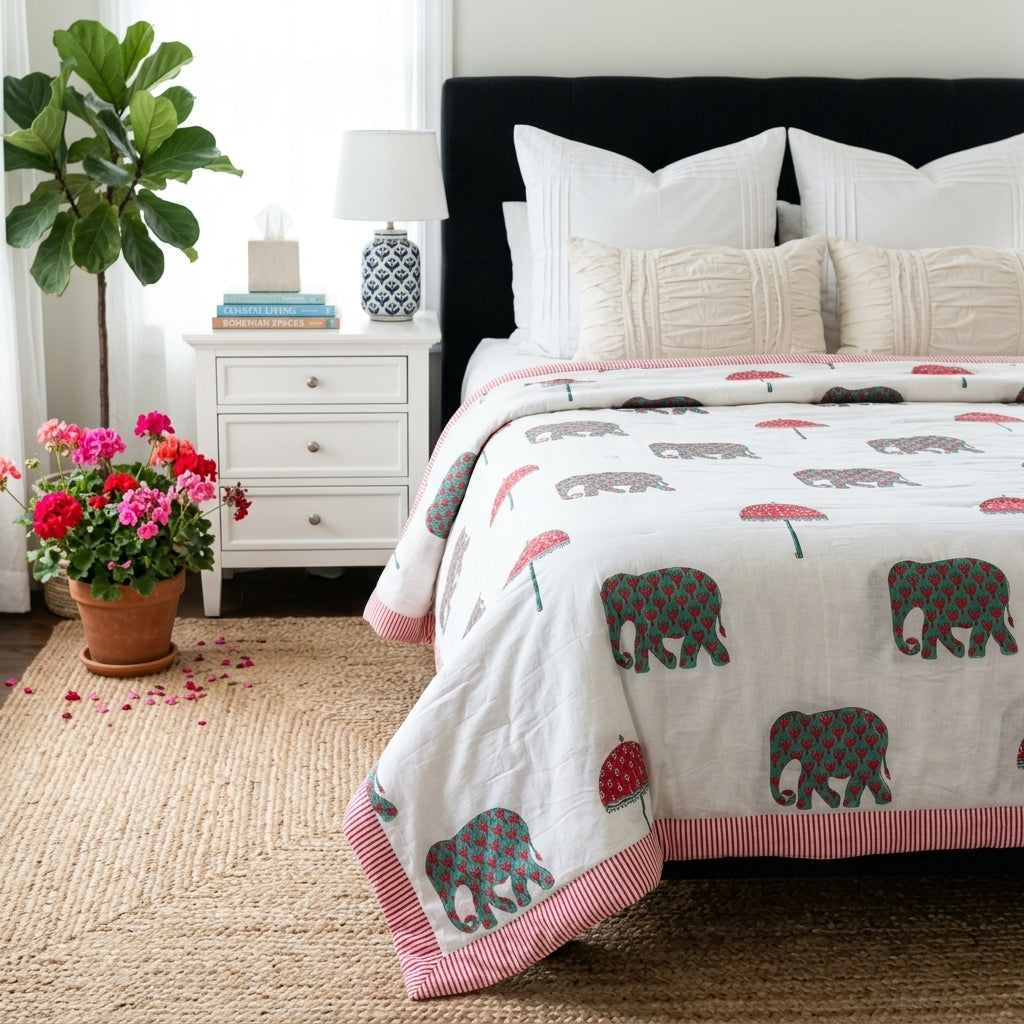Cream & Grey Elephant Parasol Jaipur Indian hand block print elephant quilted comforter | Jaipur Indian hand block print cotton muslin quilted comforter | Sanganer elephant block print bedding | Queen King size quilt India | House of Avana