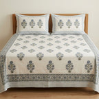 White & Grey Sage Green Buti Sanganeri hand block print cotton bedsheet set | Jaipur Indian hand block print bedsheet with pillow shams | House of Avana