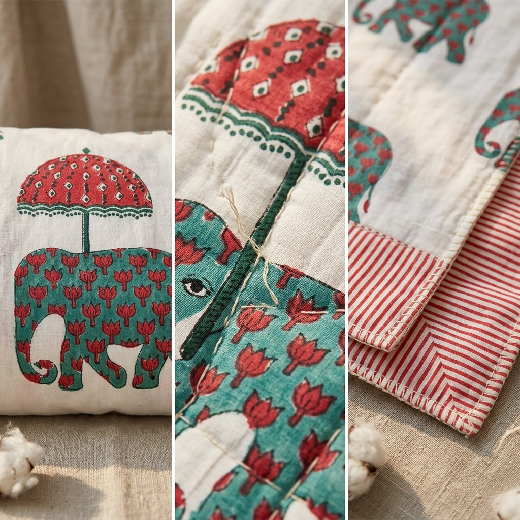 Cream & Grey Elephant Parasol Jaipur Indian hand block print elephant quilted comforter | Jaipur Indian hand block print cotton muslin quilted comforter | Sanganer elephant block print bedding | Queen King size quilt India | House of Avana