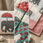 Cream & Grey Elephant Parasol Jaipur Indian hand block print elephant quilted comforter | Jaipur Indian hand block print cotton muslin quilted comforter | Sanganer elephant block print bedding | Queen King size quilt India | House of Avana