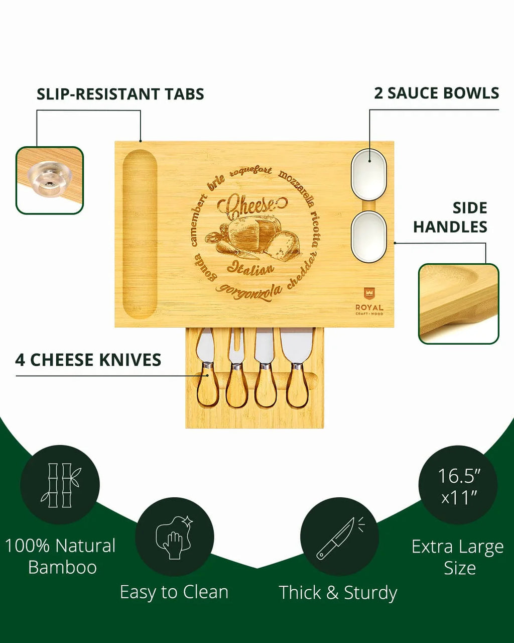 Cheese Board Set w/knives, 16.5“x11” Royal Craft Wood