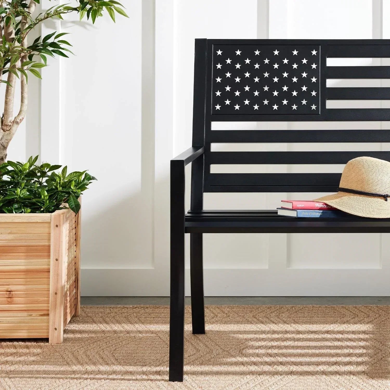 2 Person Patriotic USA Black Metal Bench with American Flag Backrest