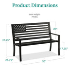 2 Person Patriotic USA Black Metal Bench with American Flag Backrest